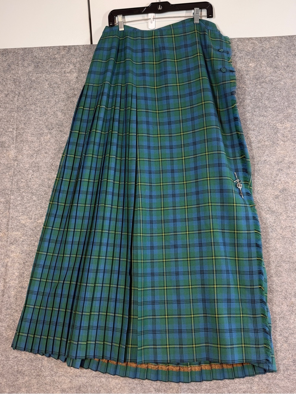 Vintage AlJean Tartan Wool Kilt Maxi Skirt Green Blue Size 14 Scottish Academia
